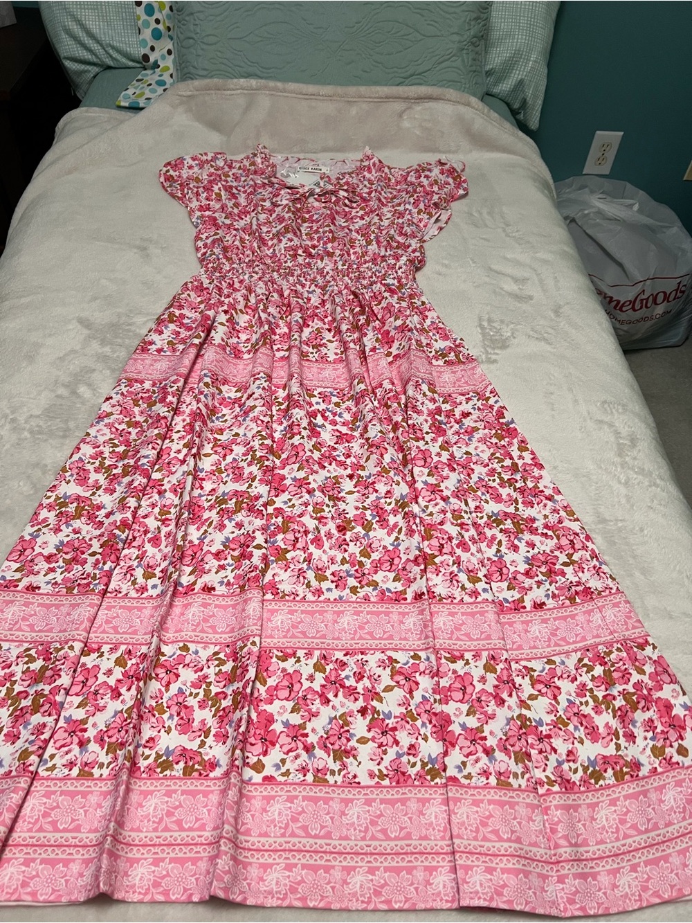 Grace Karin Pink Floral Smocked Maxi Dress with Ruffle Neck